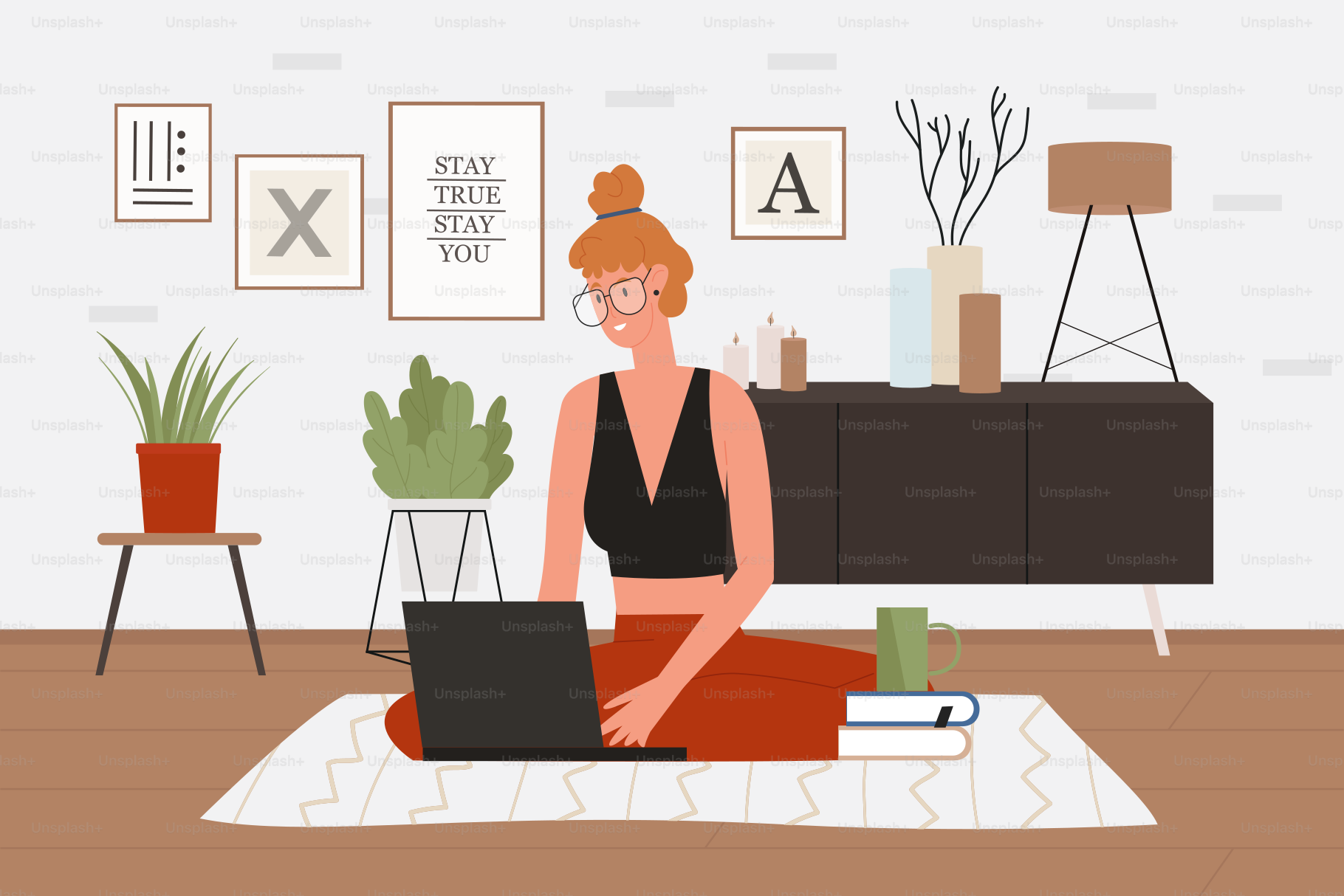 Freelance work in home office, remote job vector illustration. Cartoon girl  freelancer character sitting on floor, working with laptop, young woman  student studying in living room workplace background vector – Technology  Image, image size:3000x2001