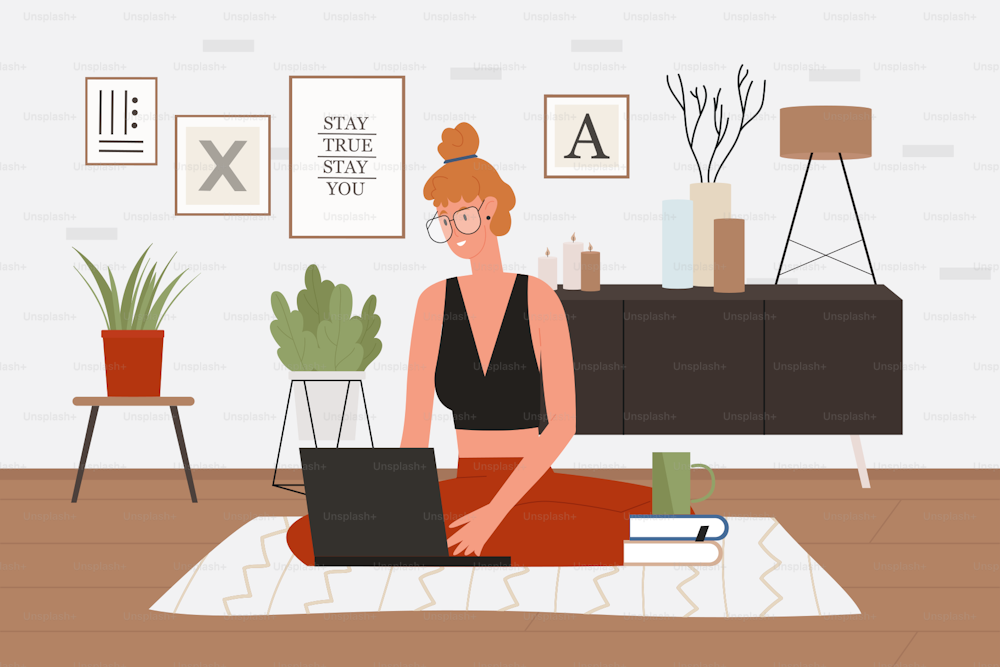 Freelance work in home office, remote job vector illustration. Cartoon girl freelancer character sitting on floor, working with laptop, young woman student studying in living room workplace background