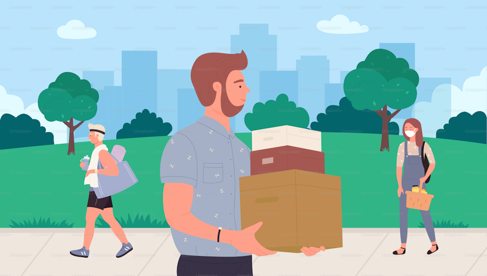 Shopping people vector illustration. Cartoon pedestrian shopper characters walking down city street, man customer holding cardboard box, lady with grocery basket from food market or shop background