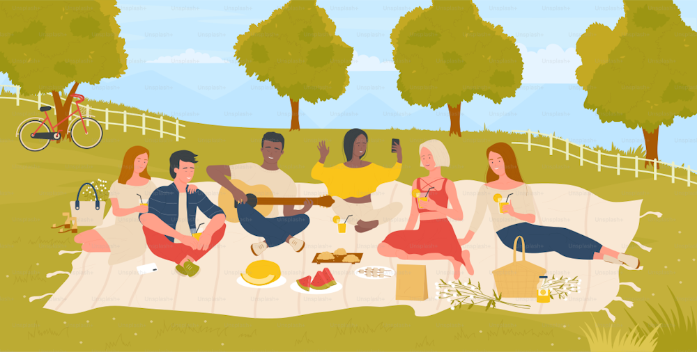 Young people students on picnic in summer nature green park vector illustration. Cartoon happy friends man woman characters enjoy weekend, have fun, eat picnic food together summertime background