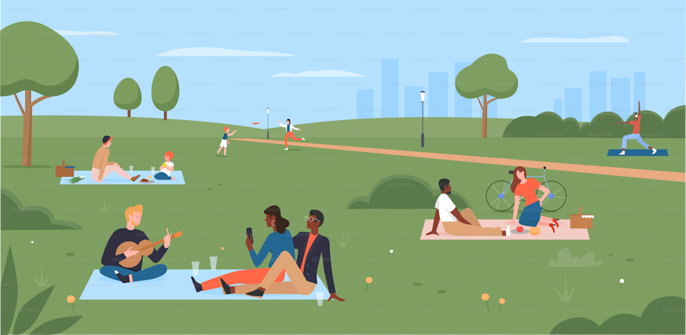 People on picnic in summer city park vector illustration. Cartoon happy family characters sitting on blanket, eating picnic food, mother and child play, young man playing guitar for friends background