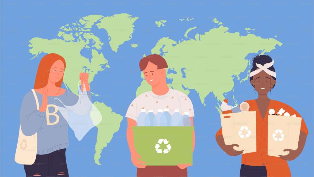 Le persone ordinano il riciclaggio della spazzatura spazzatura per salvare la cura pianeta terra illustrazione vettoriale. Personaggi della donna dell'uomo del fumetto che tengono il bidone della spazzatura e i sacchetti di plastica da riciclare, in piedi accanto alla mappa del mondo