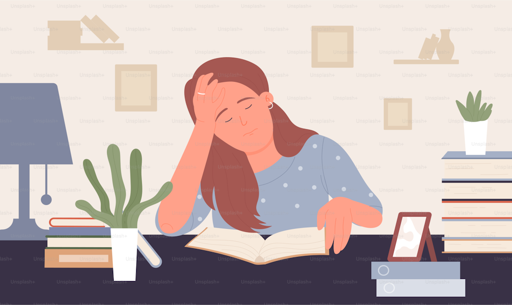 People study hard, tired young woman student vector illustration. Cartoon girl teenager character sleeping on table with book, studying working overload at home, exhausted teens overwork background