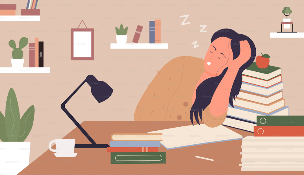 Tired girl, exhausted of study vector illustration. Cartoon young woman sleeping next to books, sleepy girl student character sitting at table, studying hard before exam at home interior background