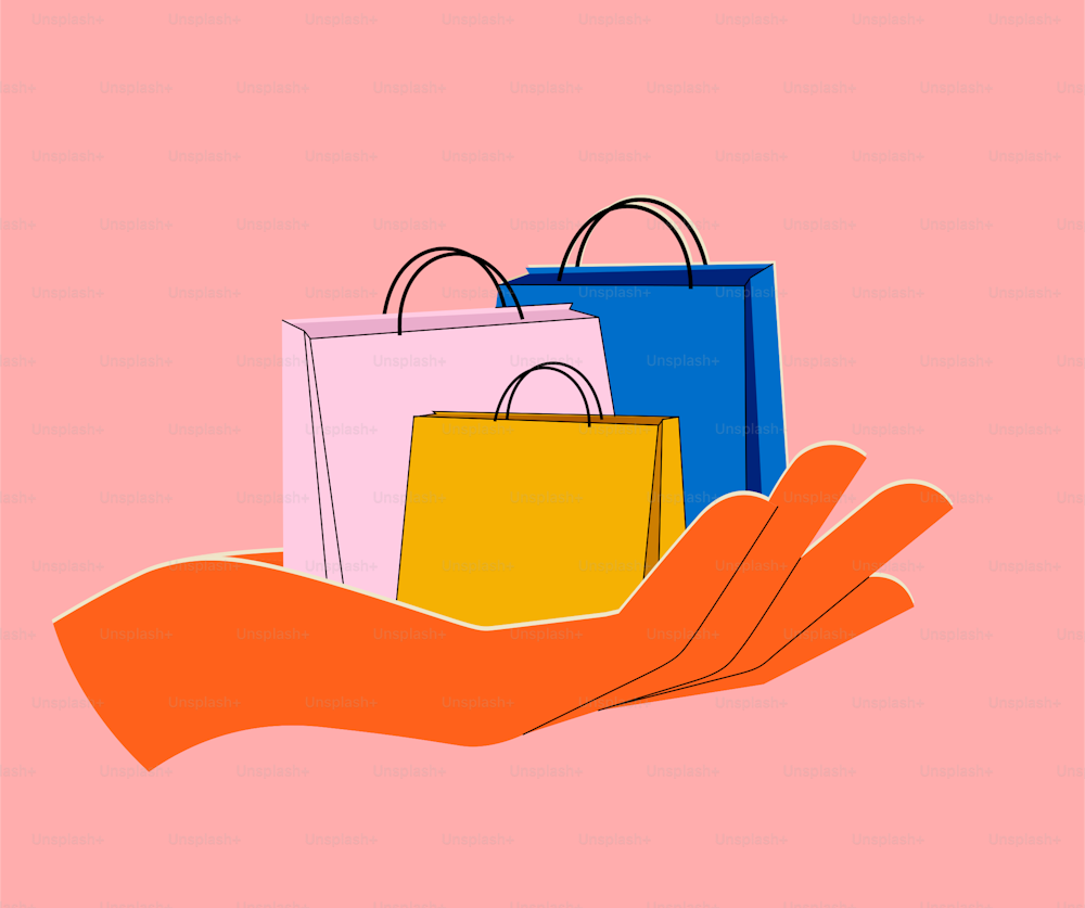 Shopping or sale or delivery concept with trendy minimalistic bright colored hand holding shopping bags for banner or social network promo. Isolated on pink background. Vector eps 10 illustration