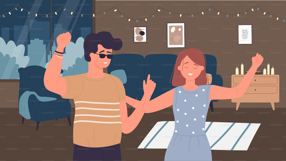 La gente baila en pareja en casa fiesta vectorial ilustración. Dibujos animados jóvenes mujeres felices hombres personajes bailando al ritmo de la música, amigos estudiantes se divierten en festivo decorado habitación apartamento interior fondo