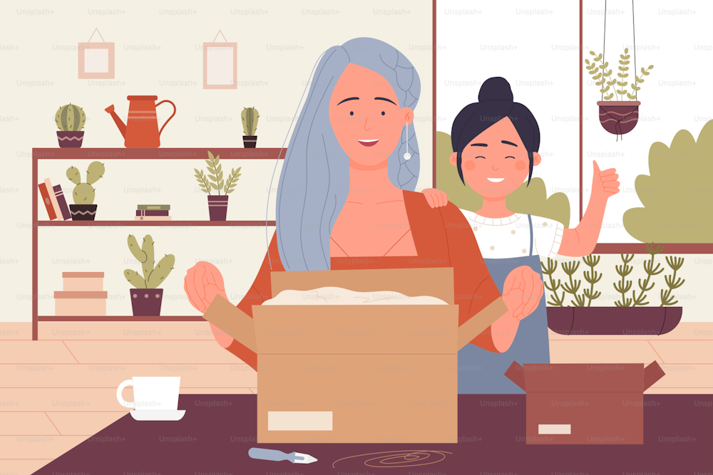 People unpack open postal package, happy family pack parcel box vector illustration. Cartoon mother and daughter characters opening unpacking unboxing surprise cardboard box in living room interior