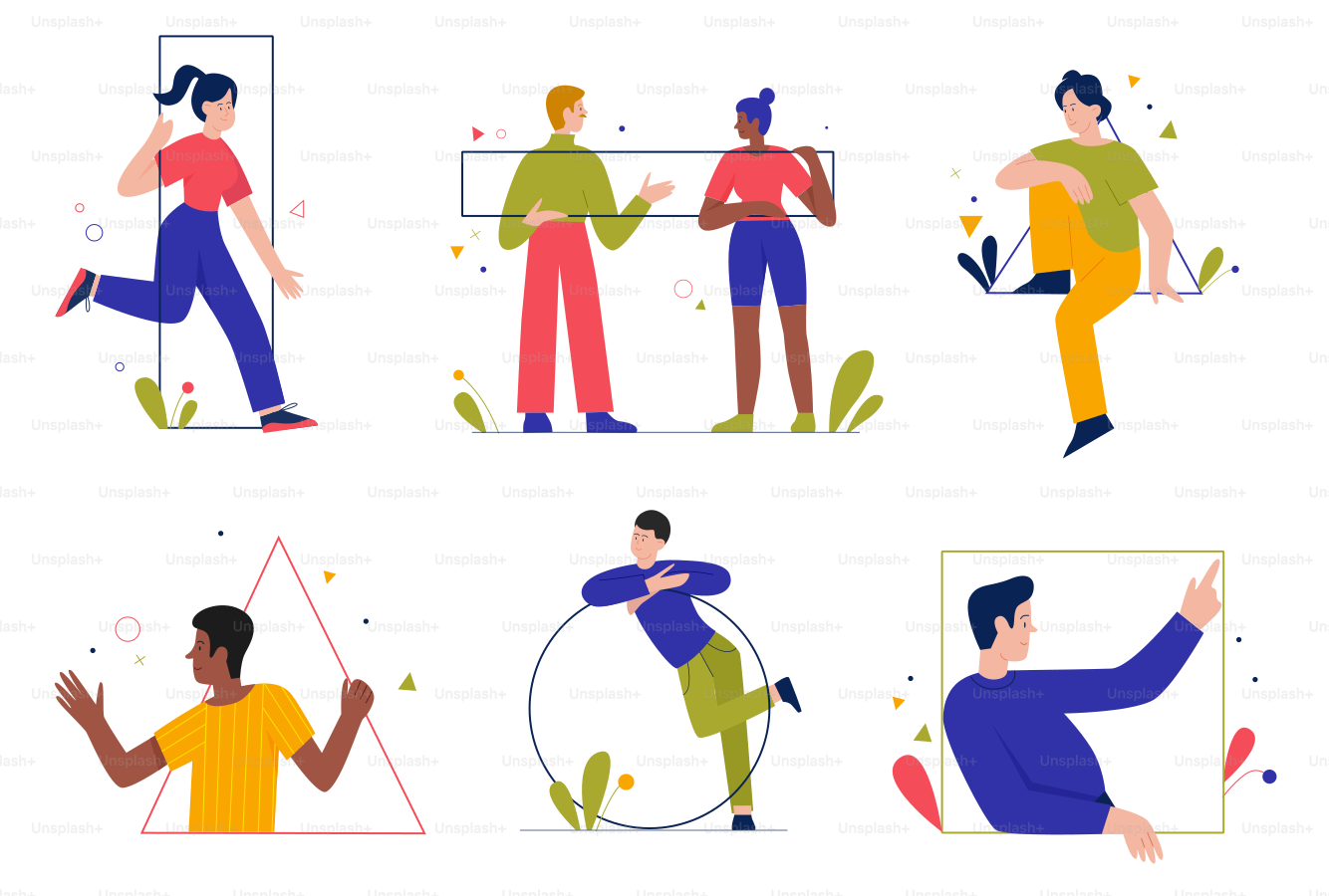 Persone con forme geometriche linea set di illustrazioni vettoriali. I personaggi dei giovani uomini dei cartoni animati raccolgono e trasportano figure insieme, tenendo e sedendosi su grandi forme astratte geometrie isolate su bianco