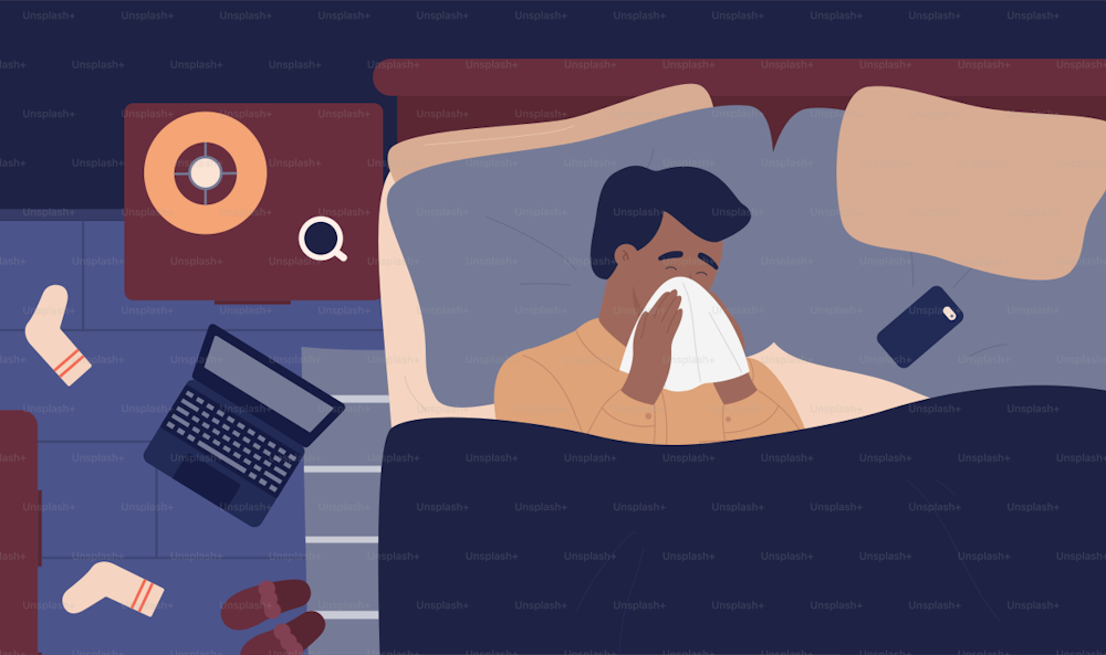 Sick man patient with rhinitis, flu cold seasonal illness problem vector illustration. Cartoon guy character with temperature influenza lying unwell under blanket in home bedroom, top view background