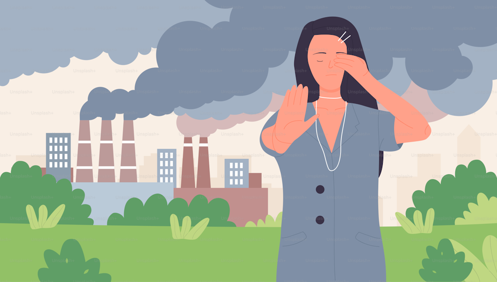 Stop dust fume air pollution, save ecology vector illustration. Cartoon, young woman volunteer character showing stop gesture to industrial smog from factory chimney, ecological poster background