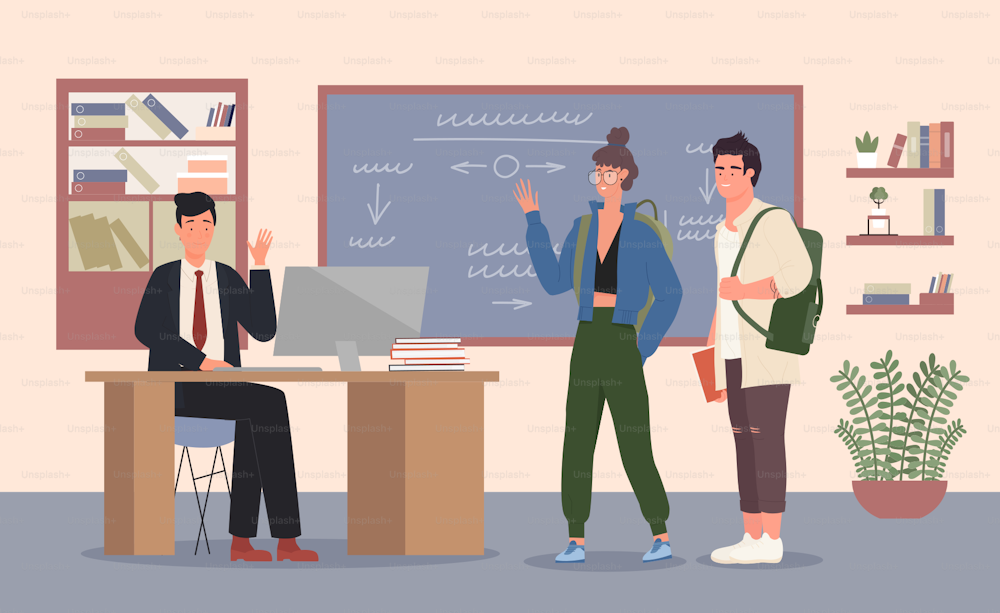 Teacher and school or university students in classroom vector illustration. Cartoon man teacher character sitting at table next to blackboard, greeting and waving to boy and girl teenagers background