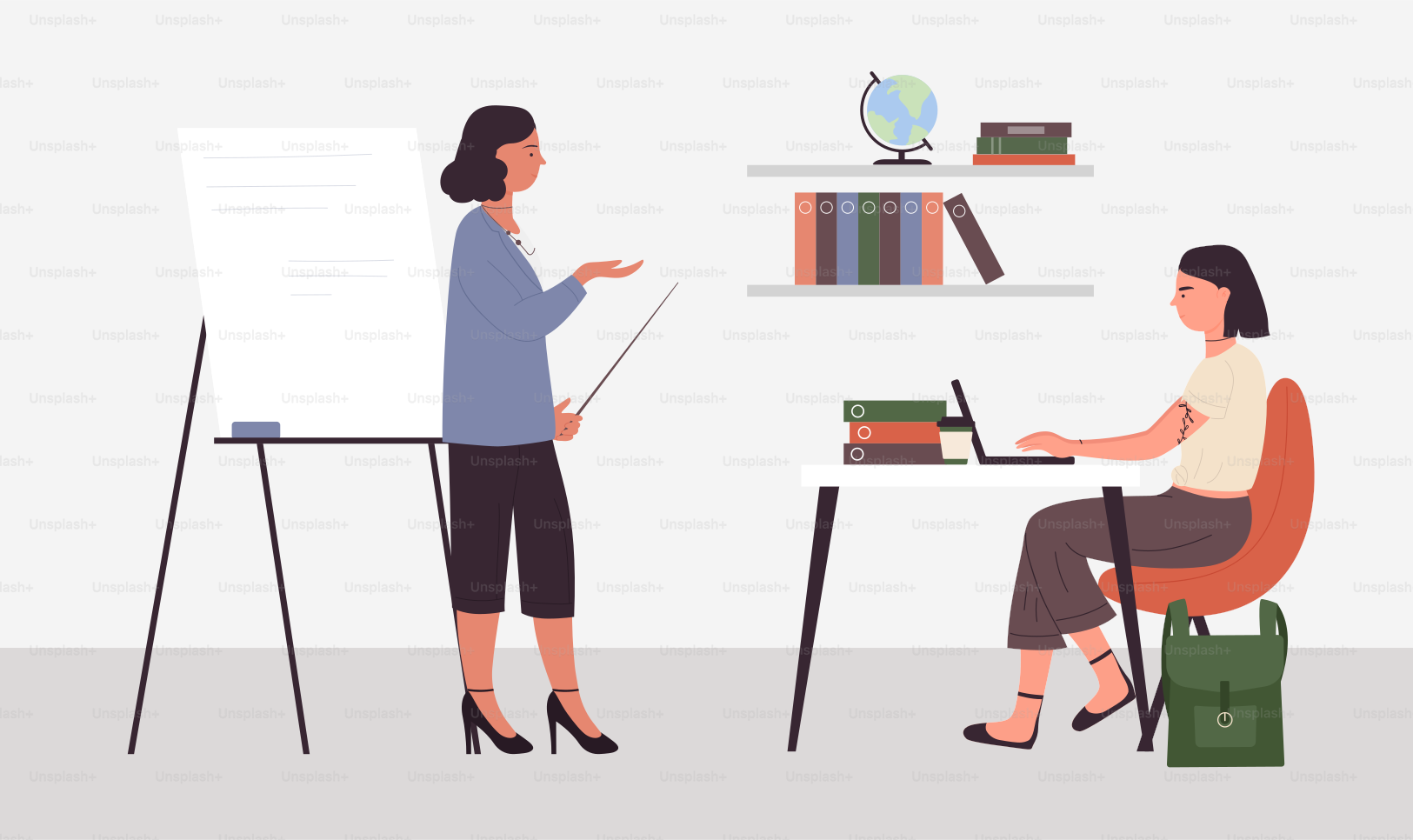 Teacher and student in classroom, learning process, class education vector illustration. Cartoon lesson in school, university or college, woman teacher standing next to whiteboard, helps girl to study