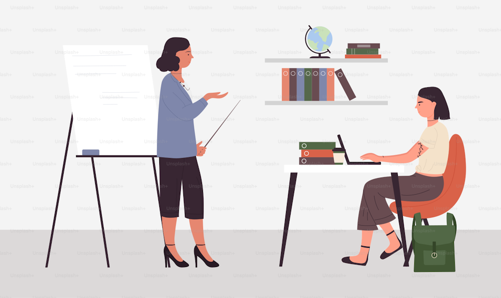 Teacher and student in classroom, learning process, class education vector illustration. Cartoon lesson in school, university or college, woman teacher standing next to whiteboard, helps girl to study