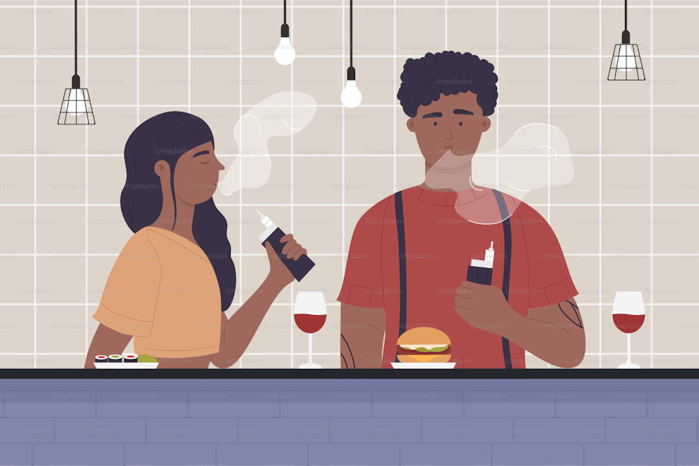 バーでデートするカップル、ロマンチックな愛の出会いシーンのベクターイラスト。日付の背景に漫画の若い女性の男性キャラクターが一緒に座り、蒸気を吸い、赤ワインのアルコールを食べたり飲んだりする