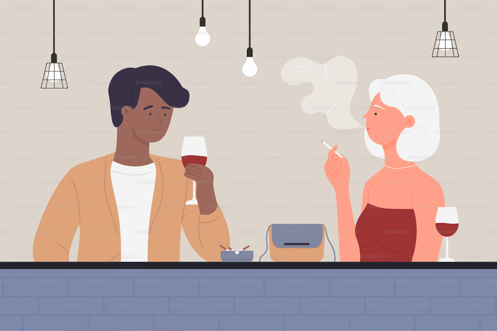 Couple people enjoy conversation at bar, romantic love dating vector illustration. Cartoon young woman man characters sitting together and drinking wine from glass, girl smoking at date background