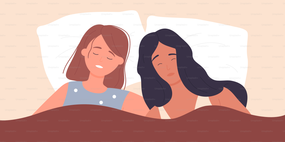 Couple girls sleep in bed at night, bedtime vector illustration. Cartoon asleep young woman lying on pillow under blanket, female lovers characters sleeping together, bedroom top view background