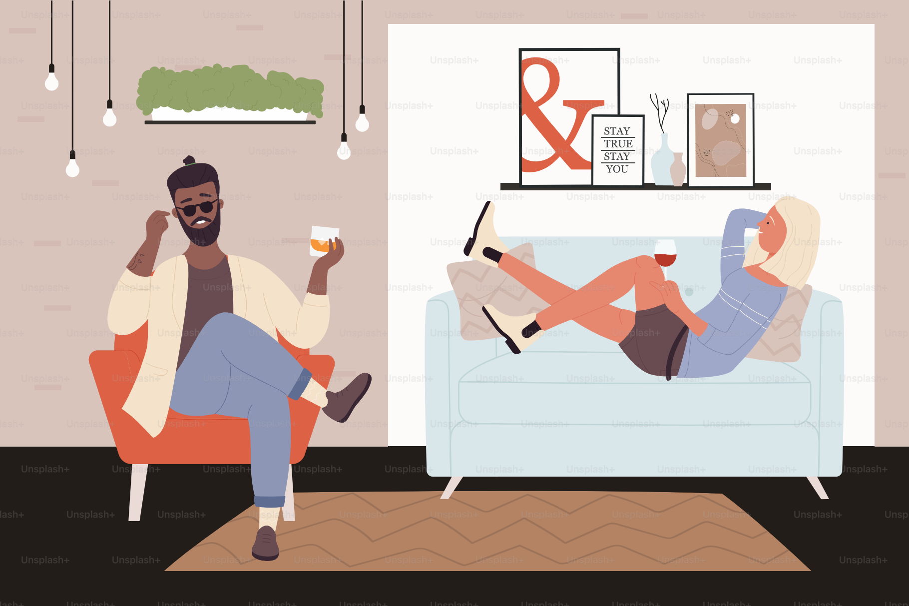 Pareja de personas descansan en el interior del apartamento de la casa junto con la ilustración vectorial. Personaje de dibujos animados joven bebiendo y sentado en la silla, chica acostada en un cómodo sofá con una copa de vino de fondo