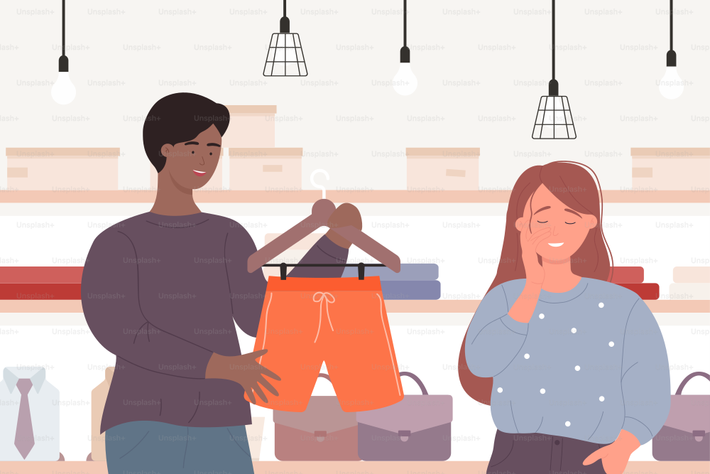Couple people shopping on big sales vector illustration. Cartoon young man and woman buyer characters buying shorts, guy holding hanger with clothes in interior of shop store or boutique background