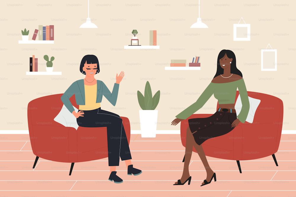 Girl friends spend time together vector illustration. Cartoon young woman characters meeting sitting in armchair, talking in hygge room interior, friendly conversation and female friendship background