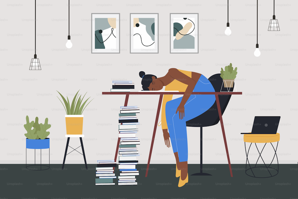 Girl student tired of remote work or study vector illustration. Cartoon frustrated overworked exhausted sleepy young woman sitting at table with books and sleeping in home room interior background