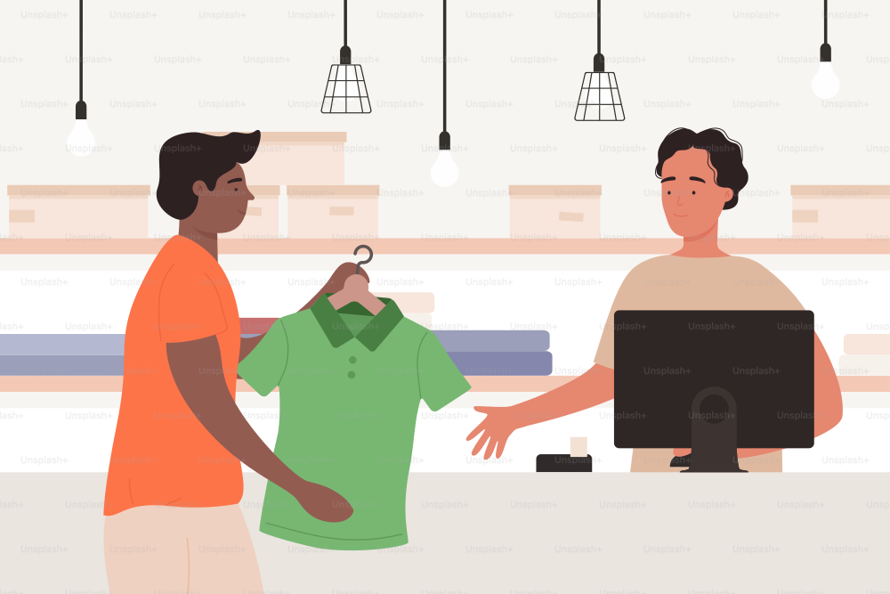 People shopping, client and vendor on cashier desk, payment for purchase vector illustration. Cartoon young man buyer character buying in retail shop store, holding clothes hanger to pay background