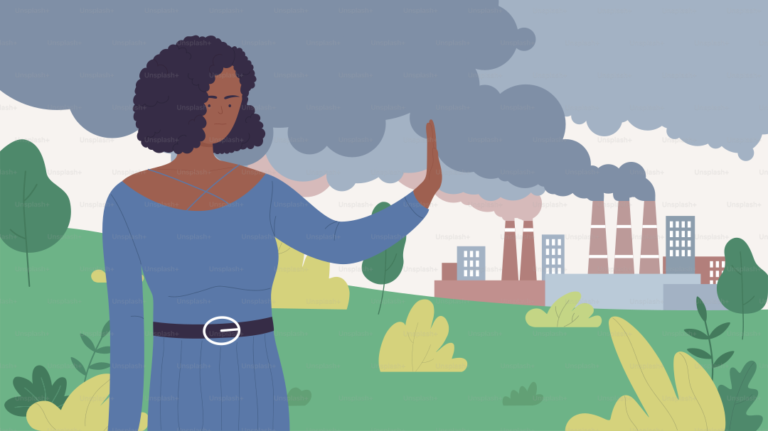 Detener la contaminación atmosférica por el smog industrial urbano, protección del medio ambiente, salvar la ecología ilustración vectorial. Personaje joven voluntaria de dibujos animados mostrando un gesto de detención hacia chimeneas de fábricas contaminantes