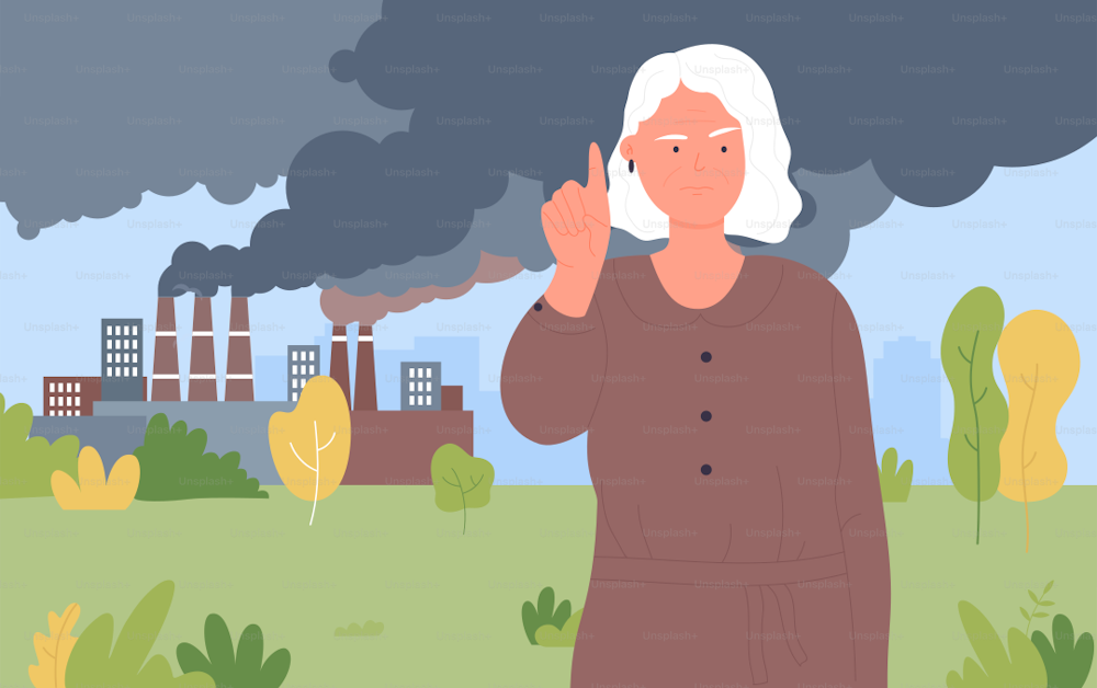 Stop dust smog air pollution, protect nature vector illustration. Cartoon elderly woman character focuses on problem of environmental pollution, standing next to smoking factory chimneys background