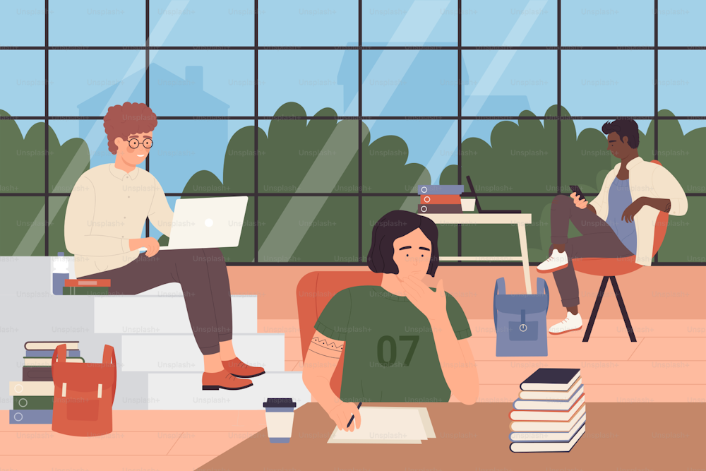 Student people study in open space hall interior of library, college or university vector illustration. Cartoon boy characters sitting at books and laptop and studying, modern education background