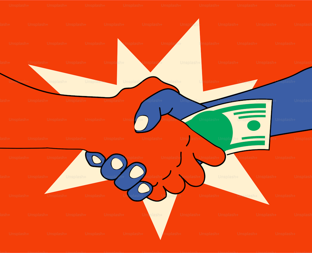 Corruption concept with shaking hands and transmitting banknote on red background. Vector eps 10 illustration
