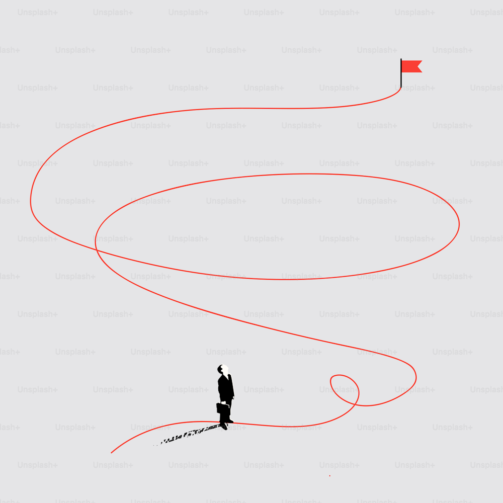 Business way or path or business strategy conceptual illustration with businessman silhouette and thin red line path to the flag as goal or aim. Minimalist vector eps 10 illustration