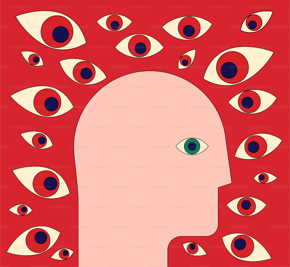 Paranoia or surveillance or panic attack concept with human head profile silhouette surrounded by many eyes on red background. Vector eps 10 illustration