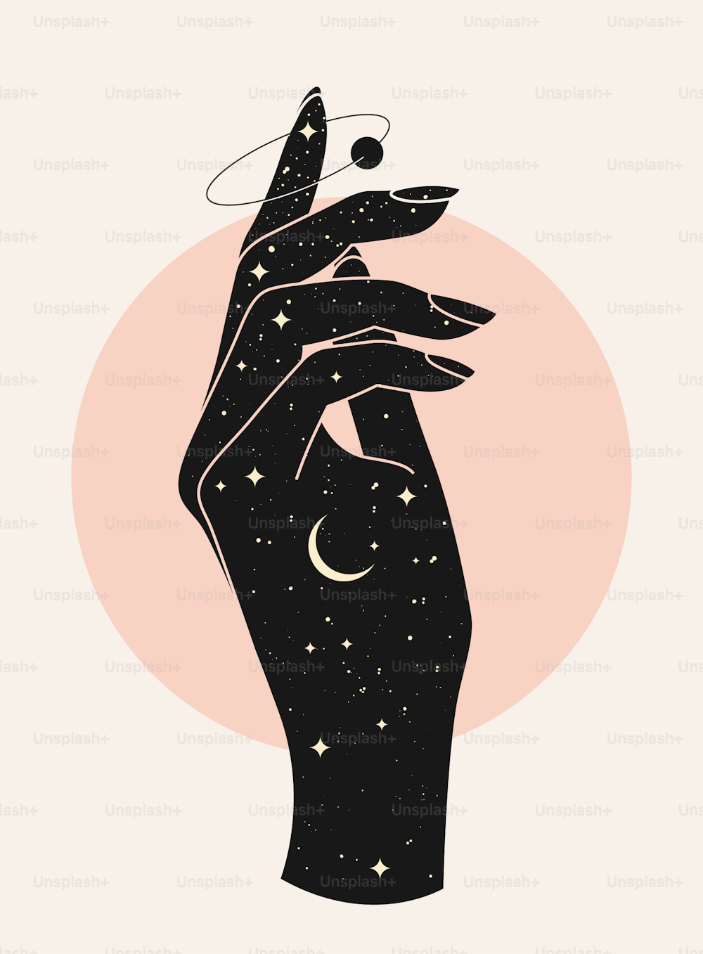 Belle silhouette de main de femme mystique avec texture de ciel étoilé nocturne sur fond clair. Illustration du vecteur eps 10