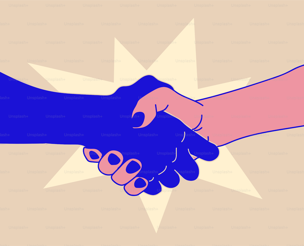 Handshake concept with two different colored shaking hands. Deal or greeting or meeting or contract concept vector eps 10 illustration.