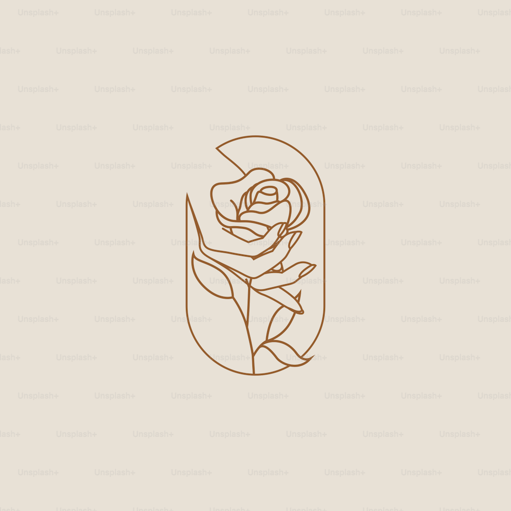Female hand holding flower of rose logo or icon design isolated on light background for beauty saloon or flower shop or personal brand. Outlined vector eps 10 illustration