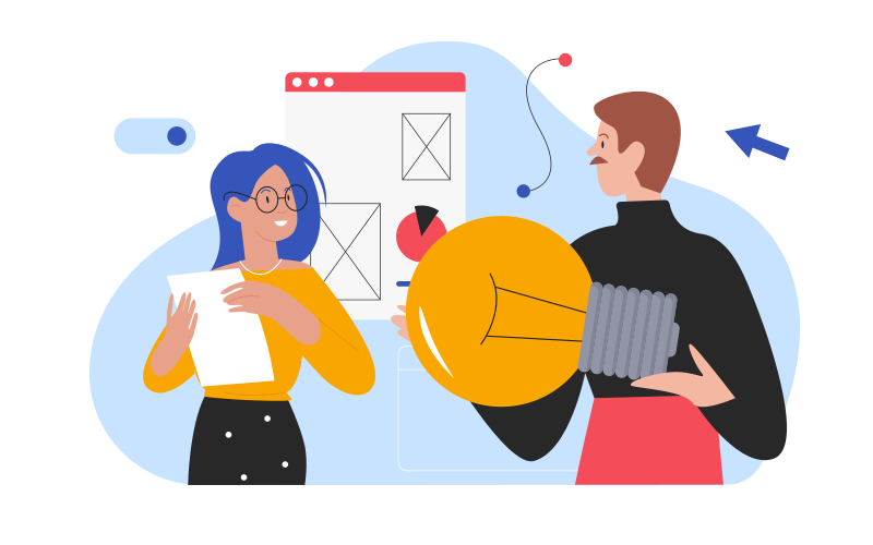 Idea creativa de negocio, éxito, trabajo en equipo, ilustración vectorial. Personajes de hombre de dibujos animados trabajando juntos nuevo proyecto, empresario con una bombilla grande, encontrando soluciones adecuadas aisladas en blanco