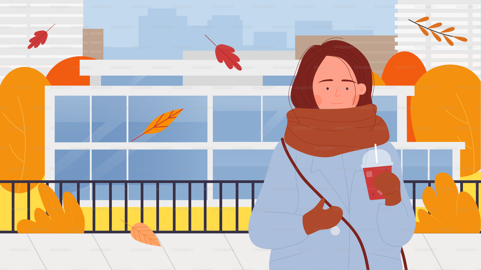 Gadis dengan kopi berjalan di ilustrasi vektor jalan kota musim gugur. Karakter wanita muda bahagia kartun dengan mantel hangat berdiri di dekat rumah, memegang secangkir kertas kopi, minum minuman panas latar belakang