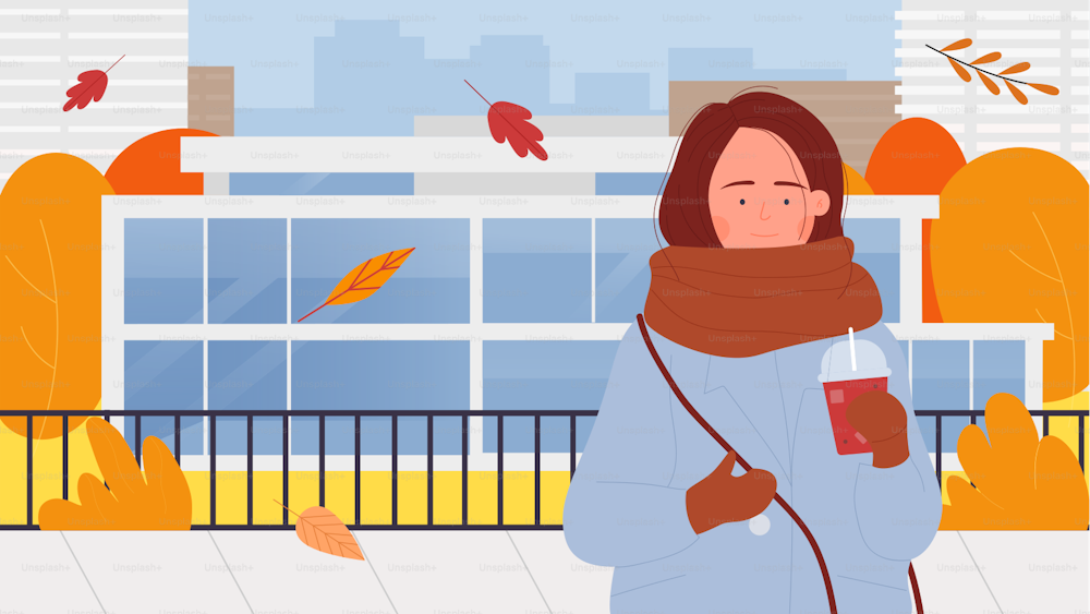 가을 도시 거리 벡터 삽화를 걷고 있는 커피를 든 소녀. 따뜻한 코트를 입은 젊은 행복한 여자 캐릭터가 집 근처에 서 있고, 종이컵을 들고 뜨거운 음료를 마시고 있다