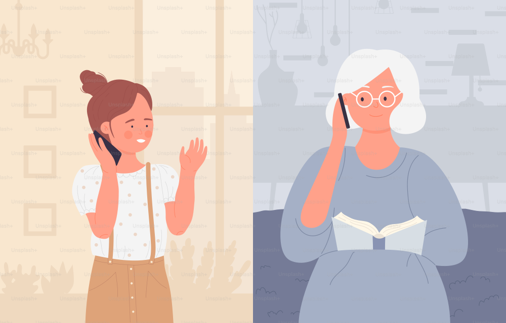 Family call, grandmother talking to grandchild on phone vector illustration. Cartoon elderly woman and young characters talk by cellphone, grandparent sitting at home, girl child on walk background