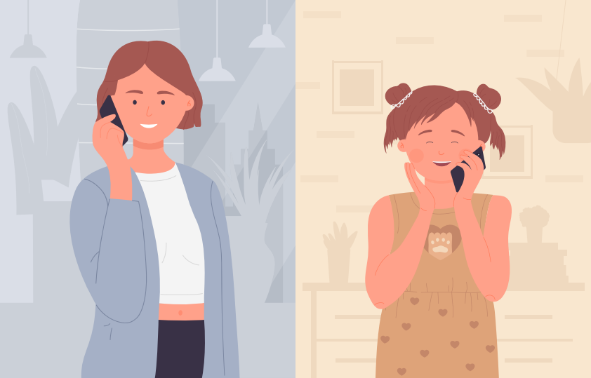 携帯電話のベクターイラストで女児と話す母親。漫画のかわいい家族のキャラクターが携帯電話で話し、楽しい会話のためにスマートフォンを持ち、幸せな親子の背景