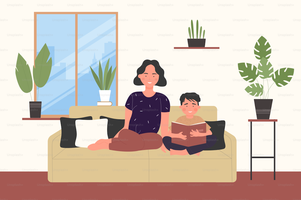 Happy family spend time at home, mother and child son read book and study together vector illustration. Cartoon mom and boy reading book literature, sitting on cozy sofa in living room interior