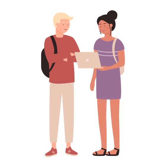 Young people with laptop, girl guy student characters smiling isolated on white