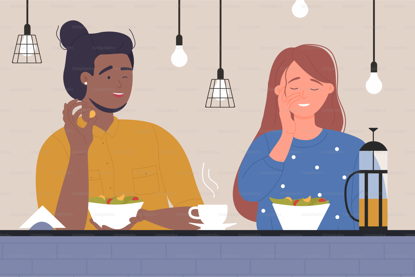 Pareja feliz saliendo en un café ilustración vectorial. Hombre de dibujos animados mujer poniendo cara graciosa en una cita romántica, sentado en la mesa, riendo, comiendo en el interior de la cafetería por la tarde fondo