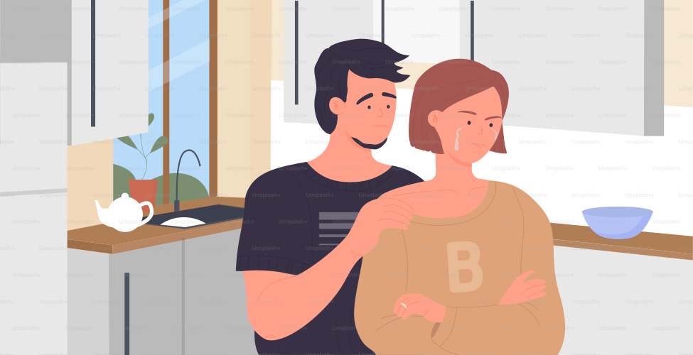 Family or couple people with anxious problem vector illustration. Cartoon young sad woman character standing in home kitchen interior, depressed girl crying, man hugging and soothing background