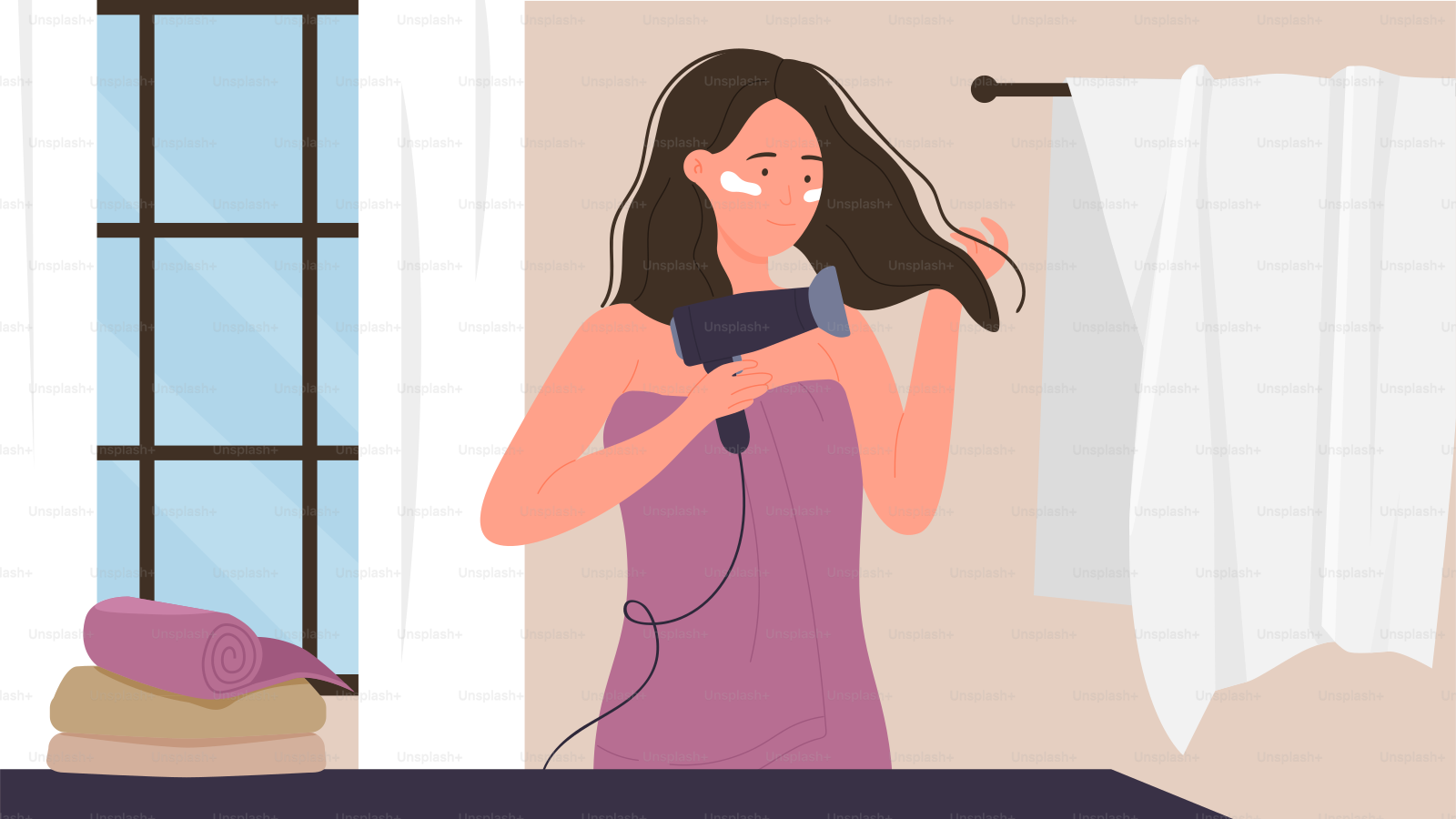 Girl with hairdryer in home bathroom, beauty haircare procedure, daily hygiene routine vector illustration. Cartoon young woman character drying wet hair with hairdryer after having bath background