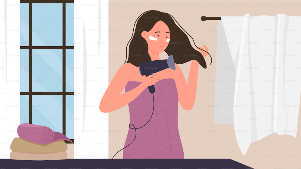 Girl with hairdryer in home bathroom, beauty haircare procedure, daily hygiene routine vector illustration. Cartoon young woman character drying wet hair with hairdryer after having bath background