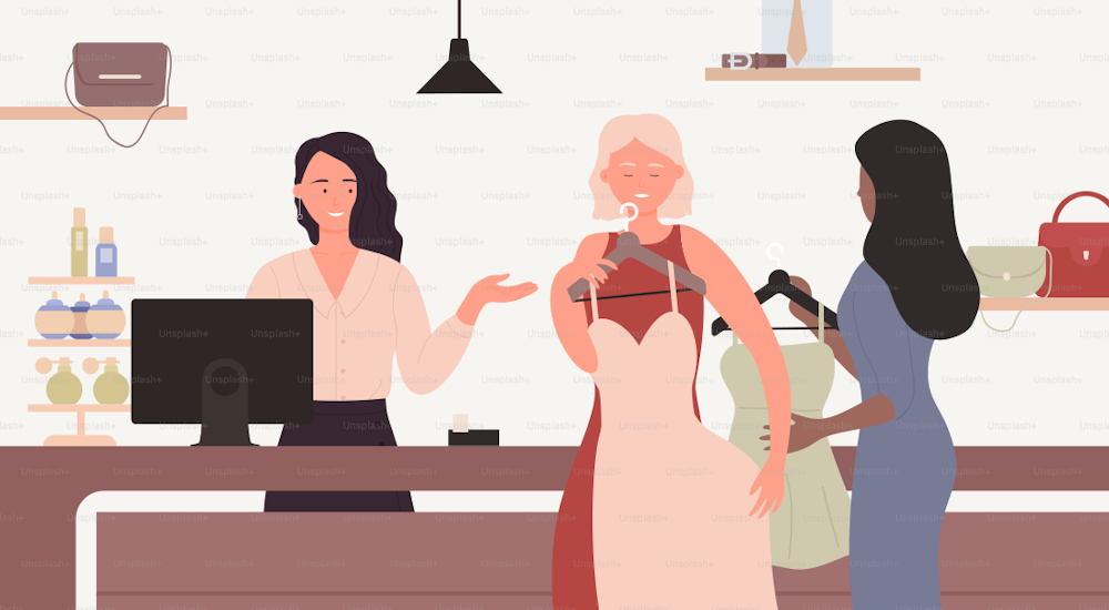 People pay for purchases, girls buy dresses in shop or boutique vector illustration. Cartoon young fashionable woman buyer characters standing in line or queue checkout in fashion store background