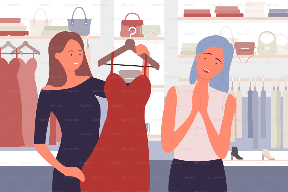 People buying stylish clothes at clothing store or apparel boutique, consumers shopping vector illustration. Cartoon woman buyer characters standing, holding new dress on a hanger to buy background