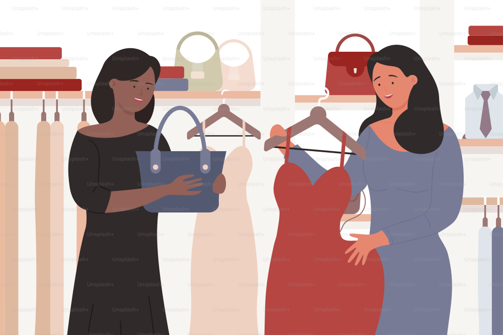Girls shopping together vector illustration. Cartoon happy female friends characters standing with purchases, buying fashionable dress and bag in interior of fashion boutique or shop store background