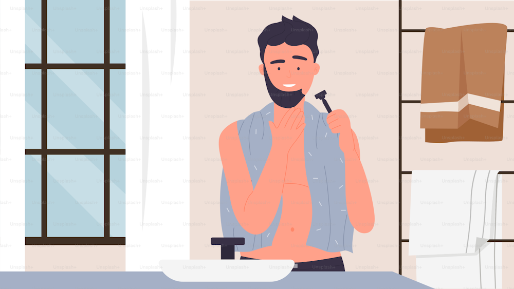 Man shaving, shave facial skin care, daily hygiene routine in bathroom interior vector illustration. Cartoon young male character standing with razor in hand next to washbasin, lifestyle background