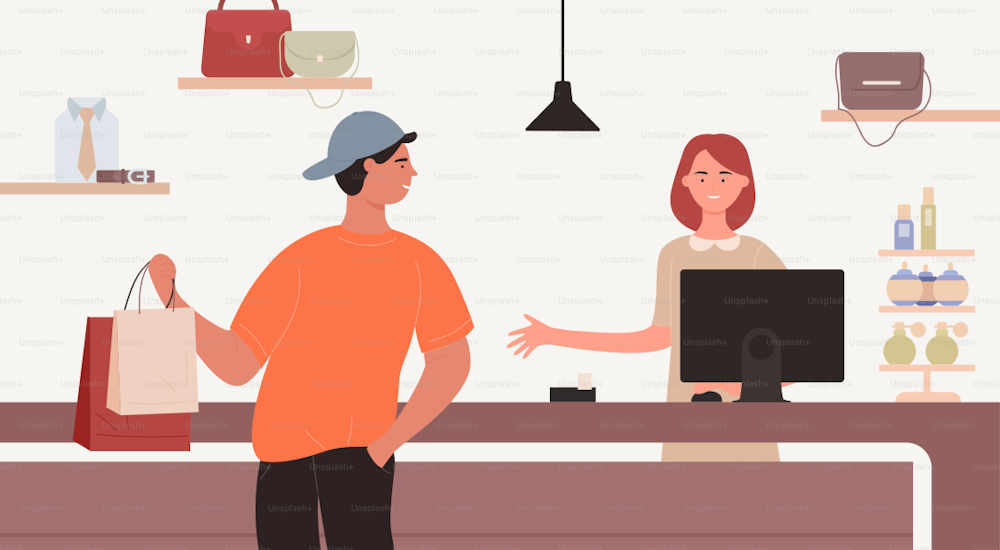 People shopping, shopper man buying and standing with bags vector illustration. Cartoon store checkout counter with cashier and shop client customer, sale business, consumerism of retail background